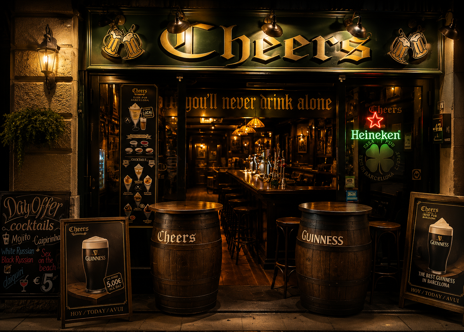 Cheers Irish Pub Barcelona — the entrance at night