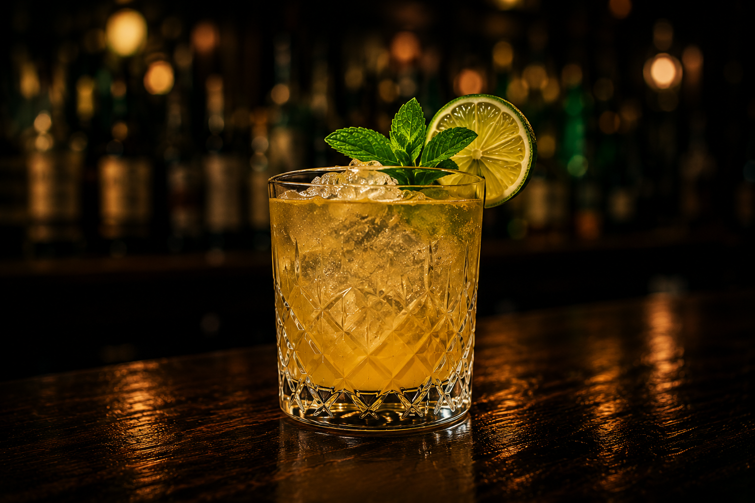A handcrafted cocktail with ice, lime, and fresh mint on a dark bar