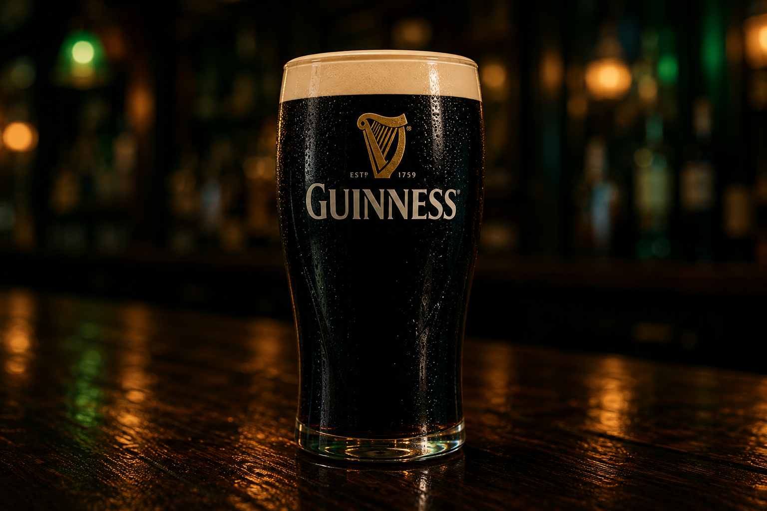 A perfectly poured pint of Guinness with a creamy white head on a dark pub bar