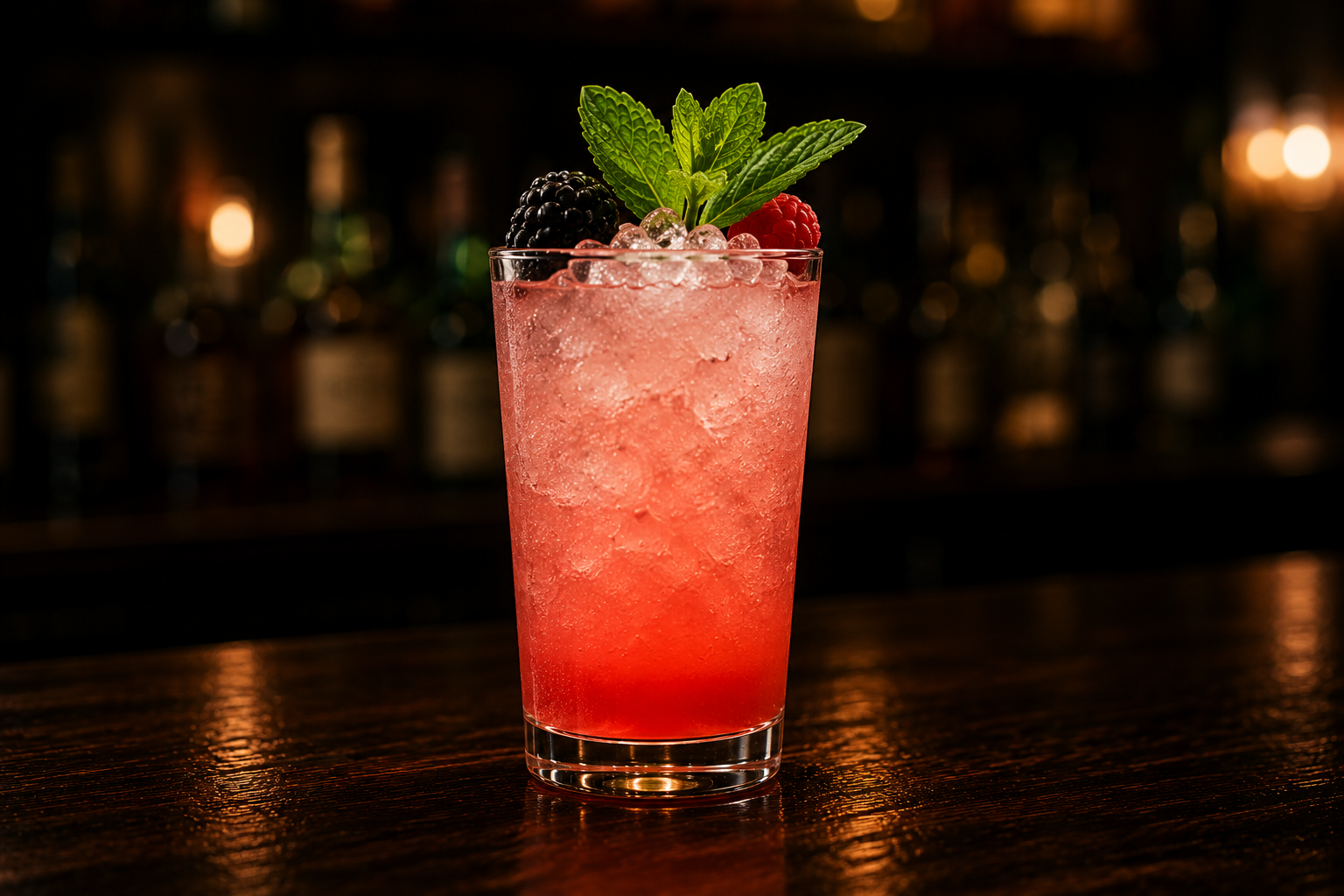 A vibrant red berry mocktail with fresh mint and crushed ice on a pub bar