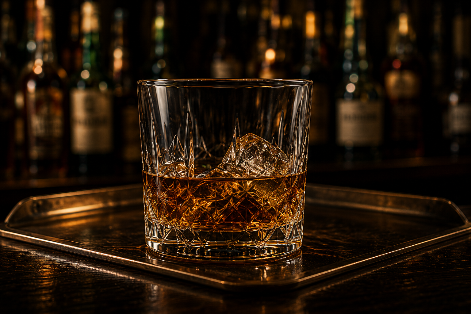 A crystal whiskey glass with ice and aged Irish whiskey on a polished bar tray
